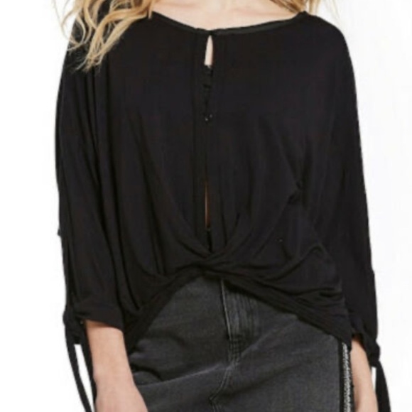 Free People Top Women Small Black Wrap Blouse Button Up Boho Sleeve Ties - Picture 1 of 7